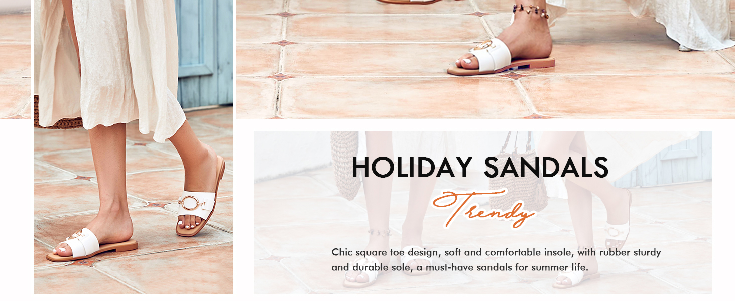 Womens Square Toe Dressy Summer Slide Sandals Flat Low Heel Metal Chain Slip On Party Slippers Shoes