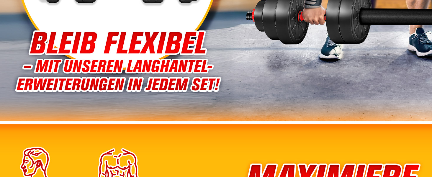 Szene beim Gewichtheben mit sichtbarer Langhantel und den Füßen einer Person. Text auf Deutsch fördert die Flexibilität mit Langhantelverlängerungen vor orangefarbenem und