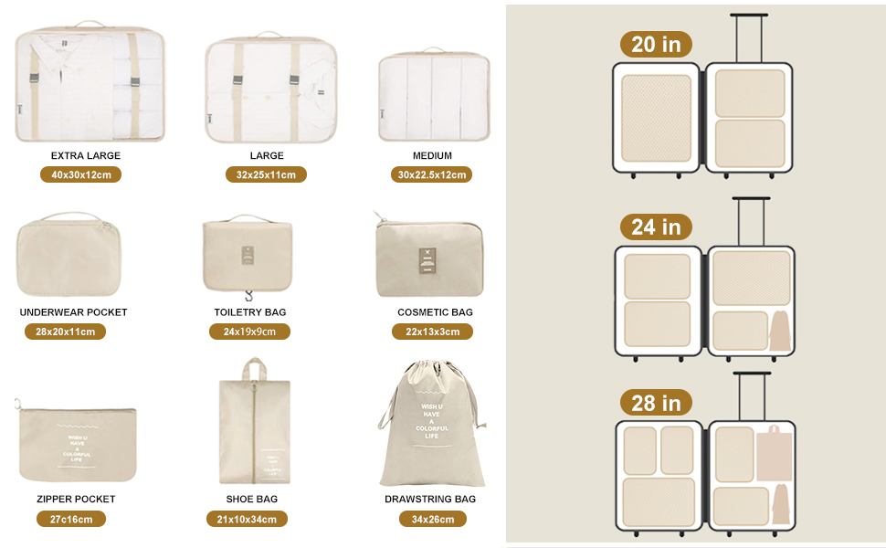 Lot de 9 Organisateur Valise Packing Cubes, Rangement Valise