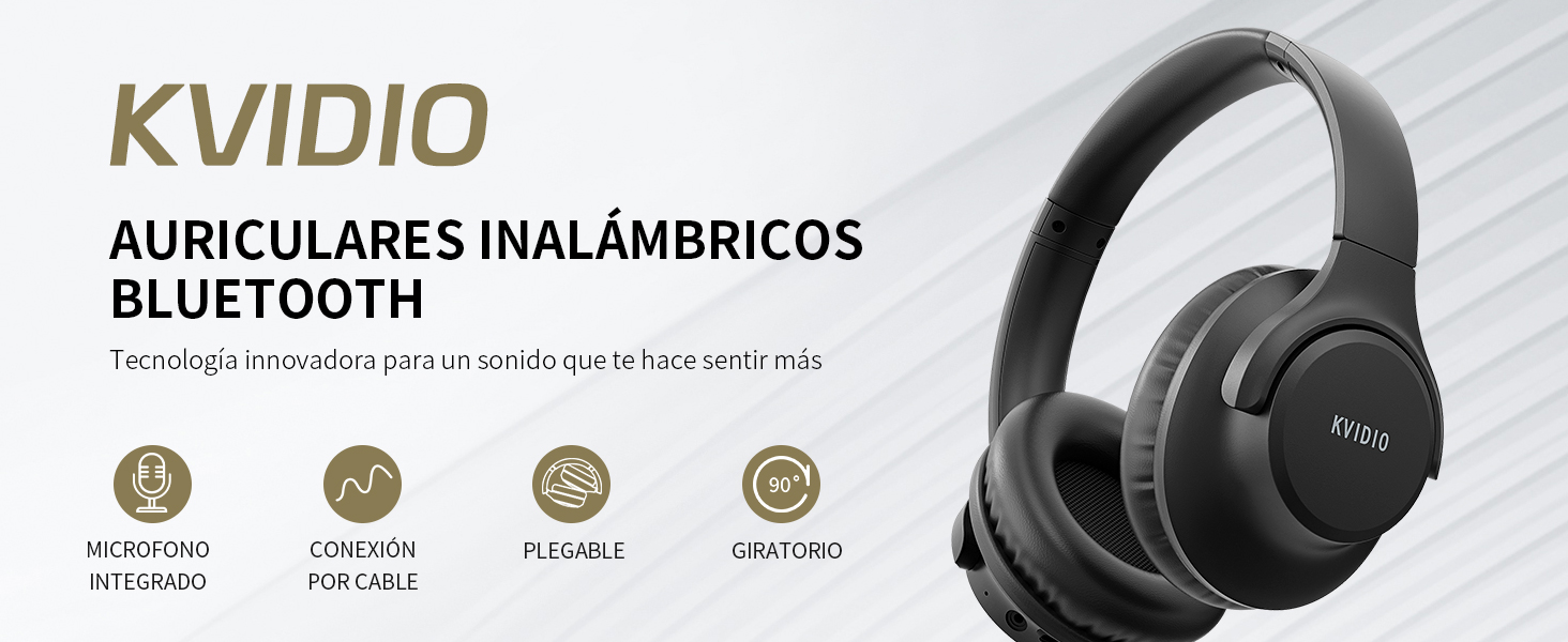 con auriculares acolchados y diadema. Las características del producto incluyen conectividad Bluetooth, micrófono integrado, diseño plegable y ajuste cómodo