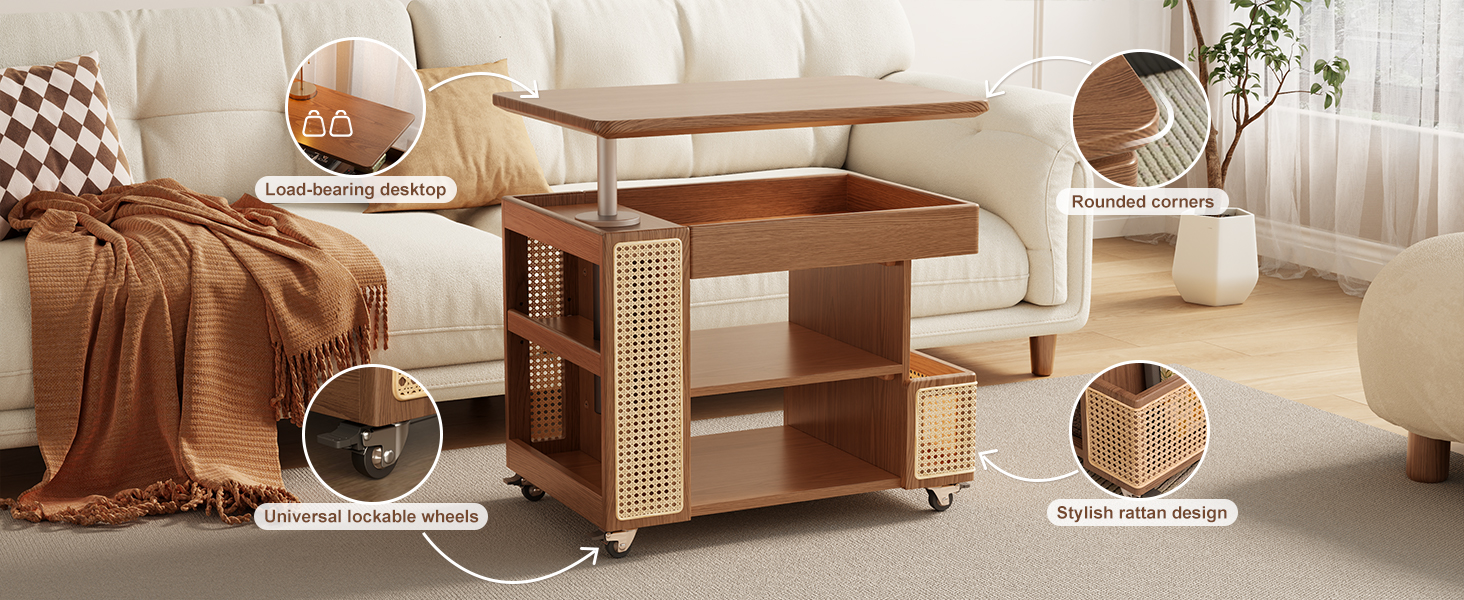 KASLANDI Wood Lift Top Coffee Table with Rolling Wheels