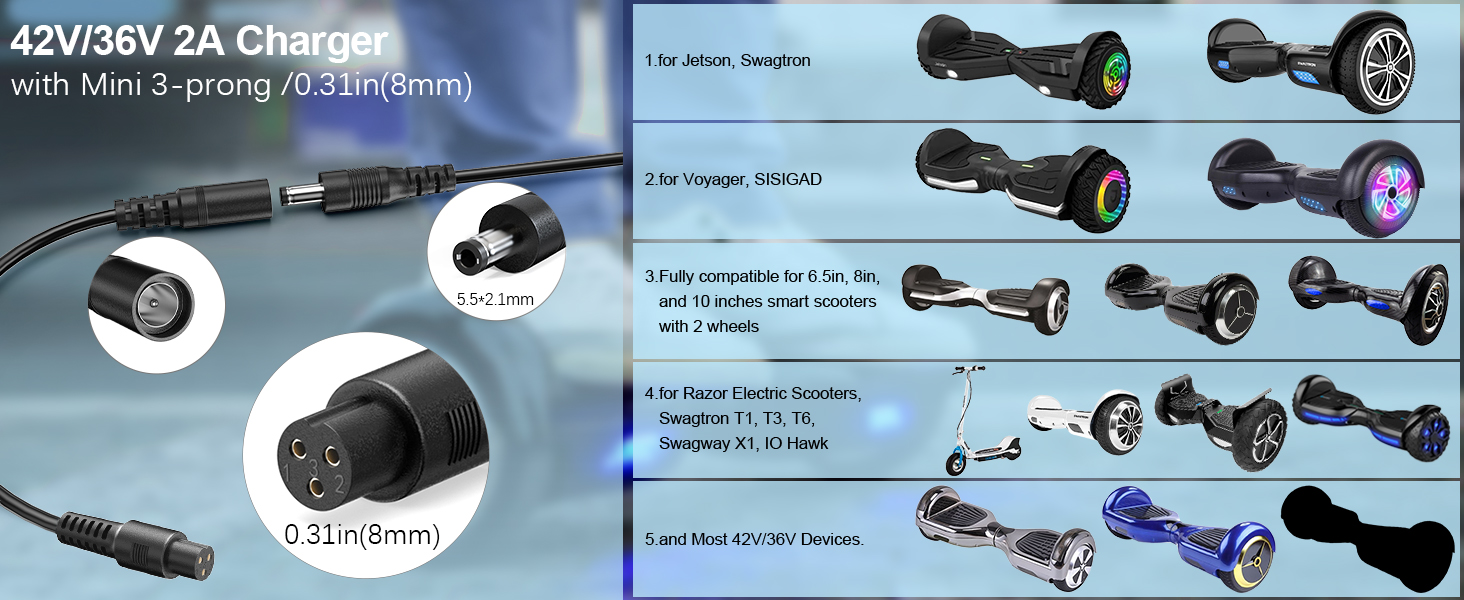 42v 2a replacement charger for electric scooter 42V/36 V lithium lithium battery, scooter charger for Gotrax, Jetson, Swagtron, Brid, Segway, Razor, Sisigad, Xiaomi and others 20 Gotrax electric scooter charger