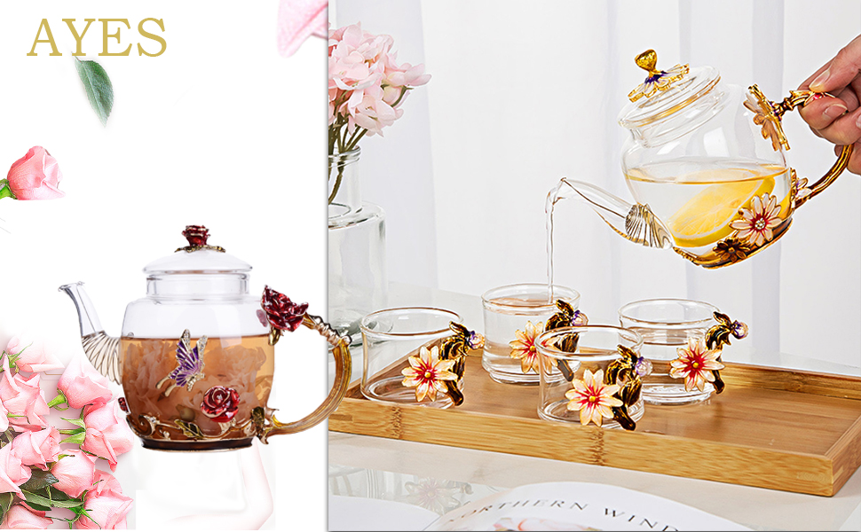 HeatResistant Flower Glass Tea Pot Enamel Glass Teapot Flower Enamel