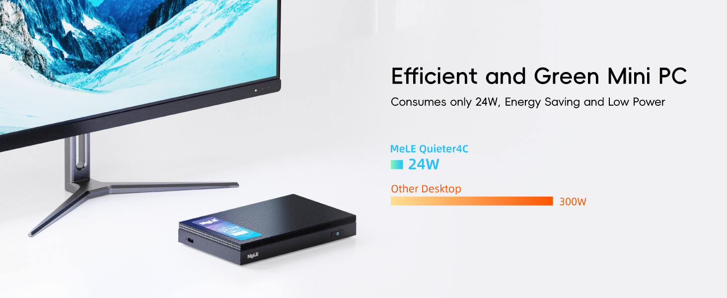 Sleek mini PC with curved monitor. Product specifications list 256GB storage, energy efficiency, and a price of $399. Compact design for modern workspaces.