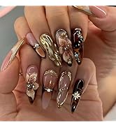 SINHOT Stiletto Press on Nails - Long Fake Nails, Glossy Finish, 3D Flower & White Pearls, DIY Ar...