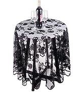 Rockcloud Round Polyester Lace Tablecloth Black Skull Head Table Topper for Halloween Decoration ...