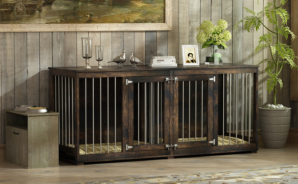 MOOLIVE Large Double Dog Crate Furniture, 70.9" Wooden Dog