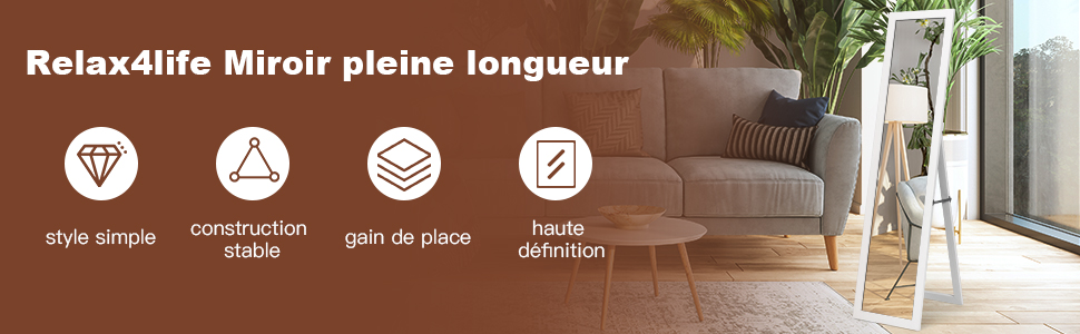 RELAX4LIFE Grand Miroir Sur Pied Chambre 147X29CM Avec Cadre En MDF Et Verre Antidéflagrant, Grand Miroir Mural Rectangulaire Pour Salon Vestiaire Couloir, Miroir Pleine Longueur(Blanc) 18 6