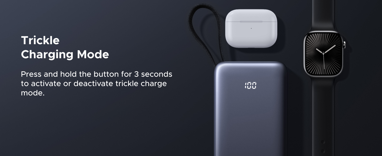 Text reads 'Trickle' and 'Charging mode'. Interface screenshots showing device charging settings and modes with dark background theme.