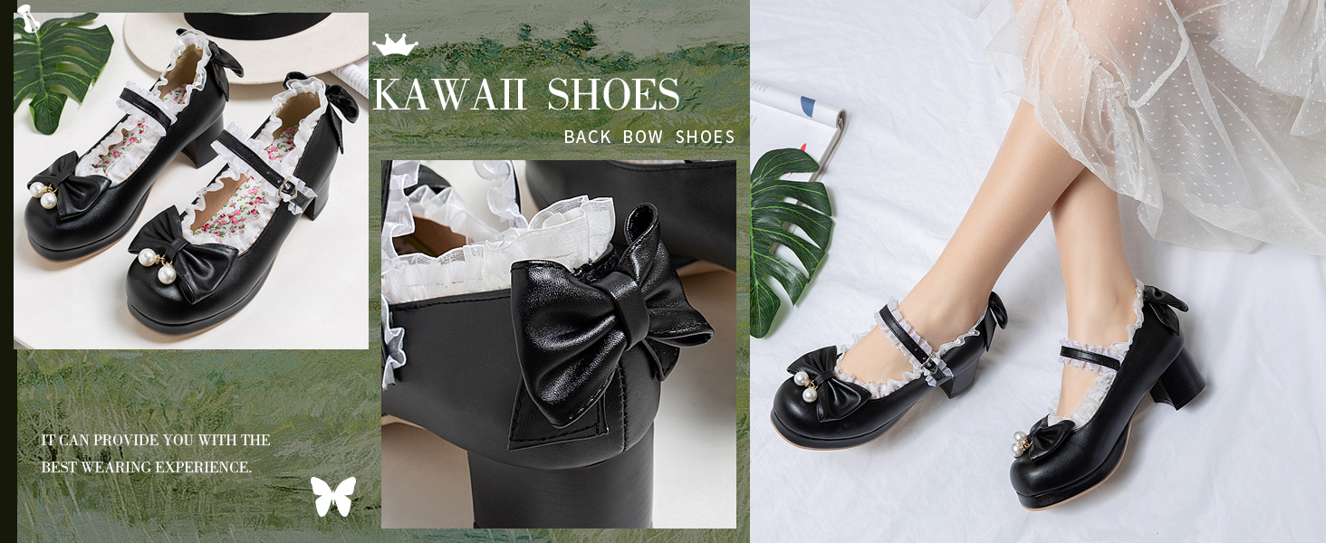 Women Kawaii Shoes Mid Block Heel Mary Jane Rockabilly Pumps with Bow