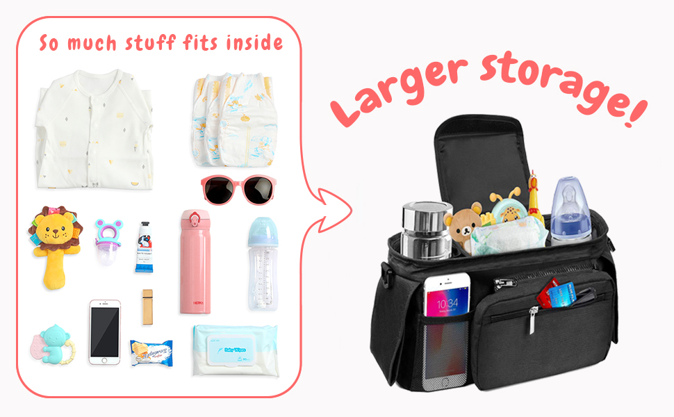 Universal Pram Bag Baby Pram Organiser Large Stroller Organiser with 2