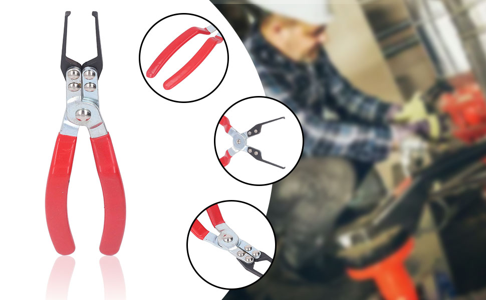 Red-handled pliers with silver cutting blades. Three circular insets show close-ups of the tool's head, jaws, and cutting action.