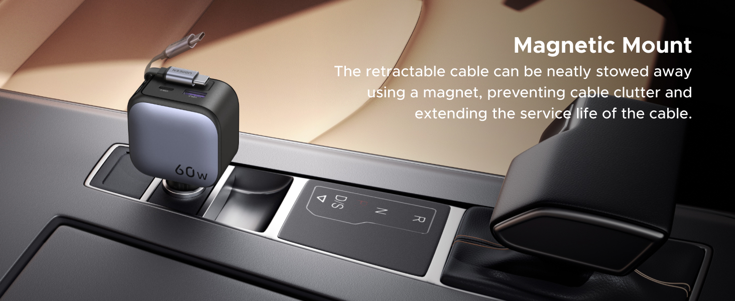 Text reads 'Magnetic Mount' with description about cable management. Shows sleek black mounting system against grey surface.