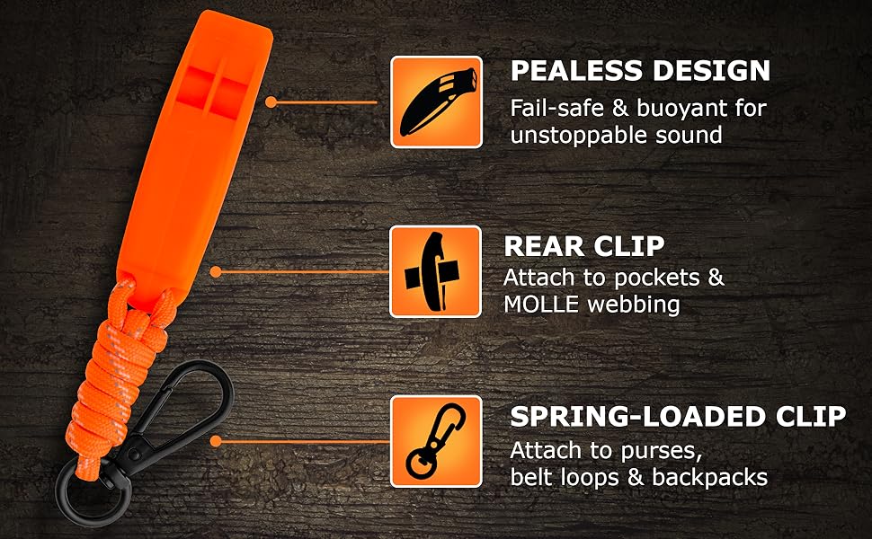 Pealess makes the whistle fail-safe and buoyant; carry it via spring-loaded clip or rear clip