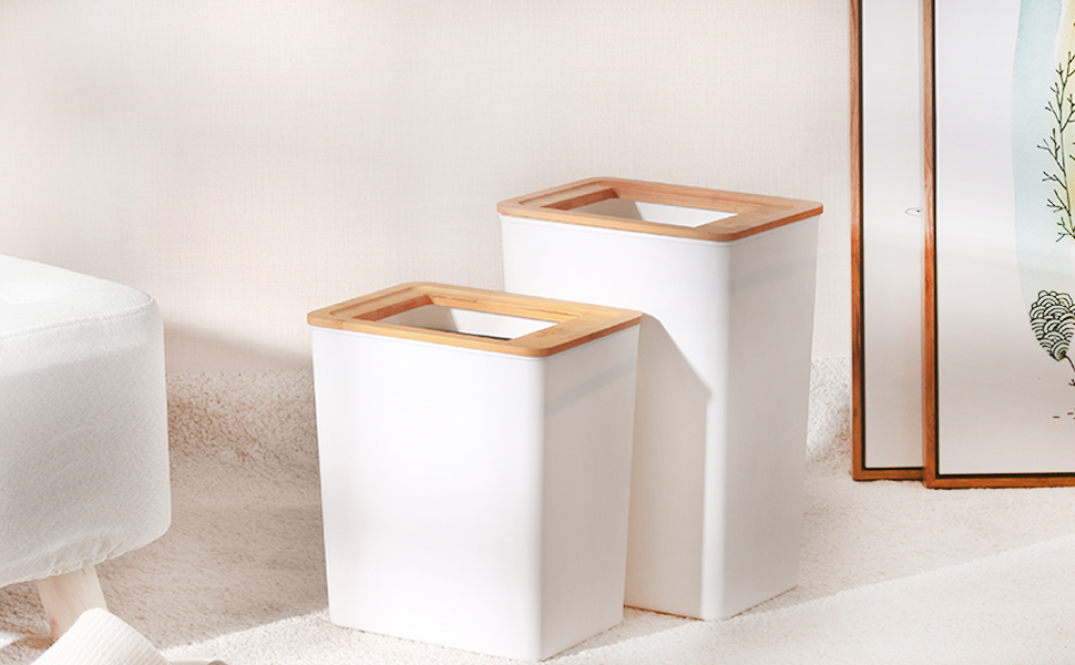 Slim Trash Can 9 Liter, Small Wastebasket with Bamboo Lid Rectangular