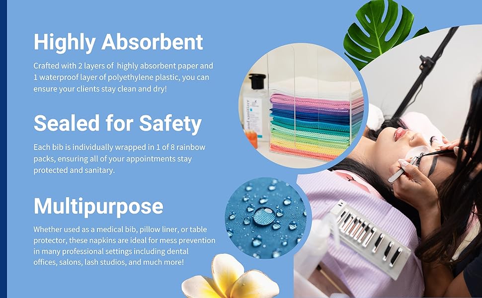 Premium, highly absorbent dental bibs sealed in protective plastic packaging