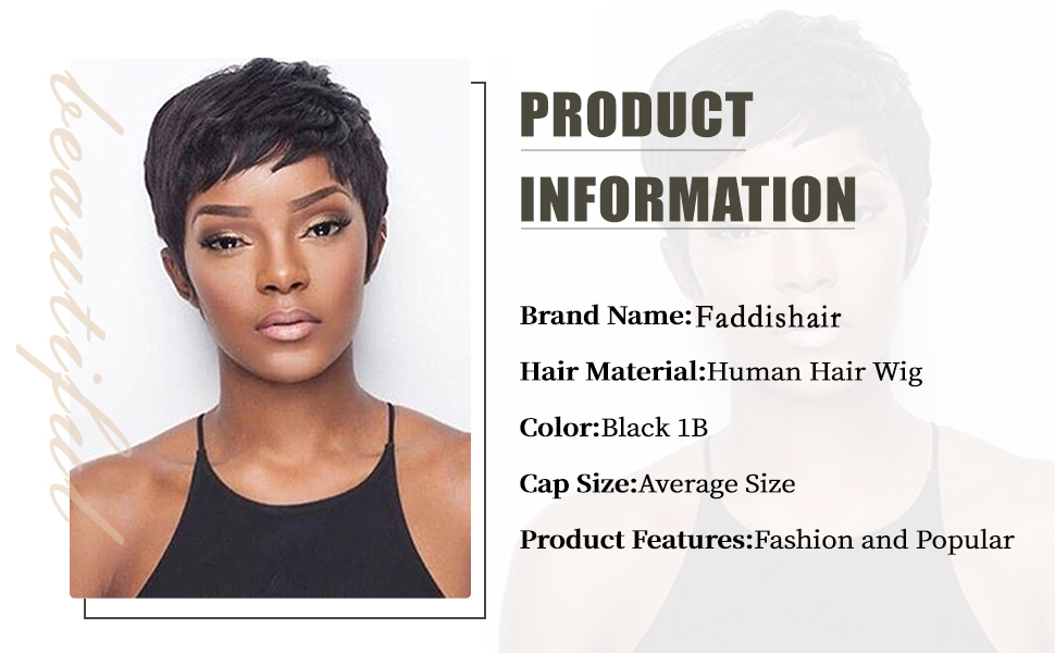 Faddishair Short Human Hair Pixie Wigs Pixie Cut Short Black Wigs