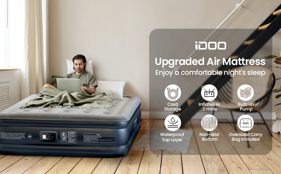 iDOO Queen Size Air Bed, Inflatable Bed with Builtin Pump, 3 Mins