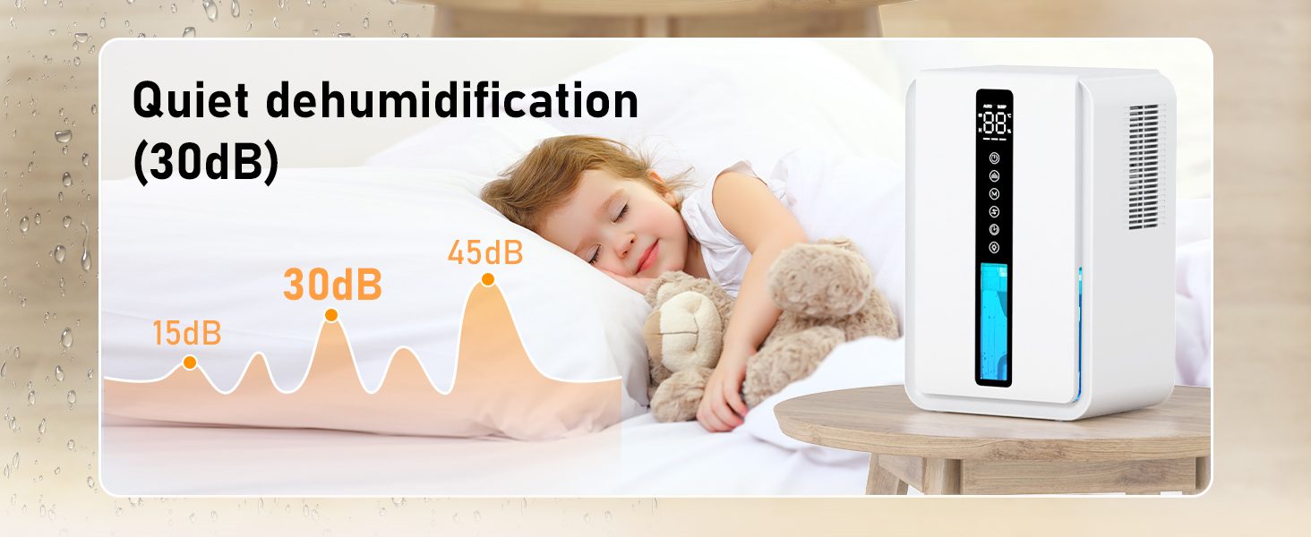 Compact white dehumidifier with digital display and blue light. Graph shows 30dB noise level. Device sits on table beside sleeping child with stuffed animal.