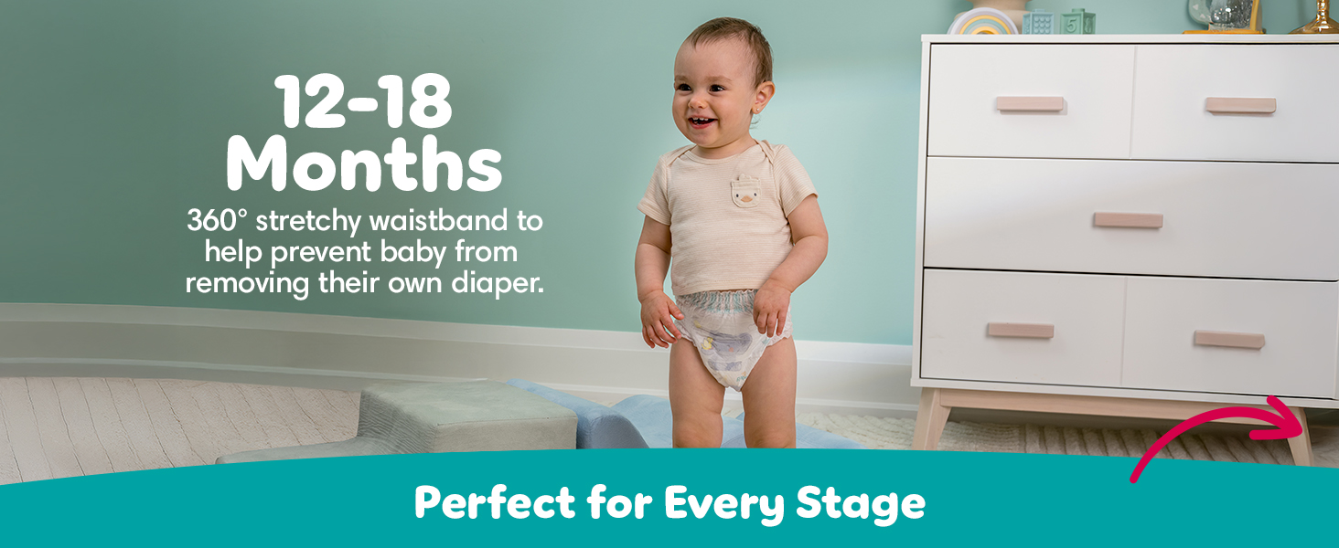 12-18 months, 360 degree stretchy waistband to help prevent baby from removing their own diaper.