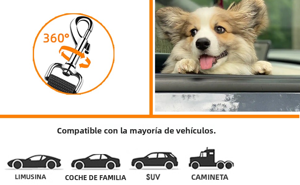 El texto dice «360°». Íconos de compatibilidad de productos que muestran los tipos de vehículos: «HATCHBACK», «COUPE DE FAMILIA», «SUV». Logotipo circular naranja con el símbolo de una flecha giratoria.