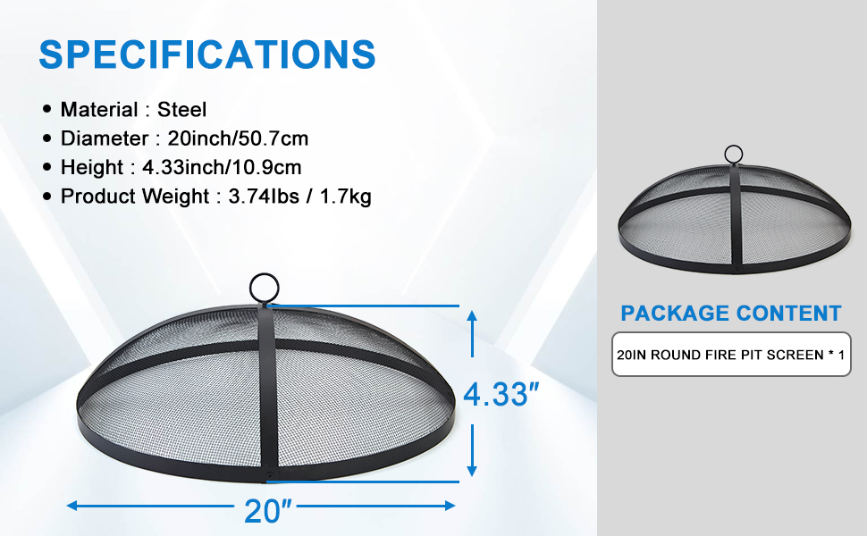 Heavy Duty Fire Pit Spark Screen Cover Accessory, 20In Easy