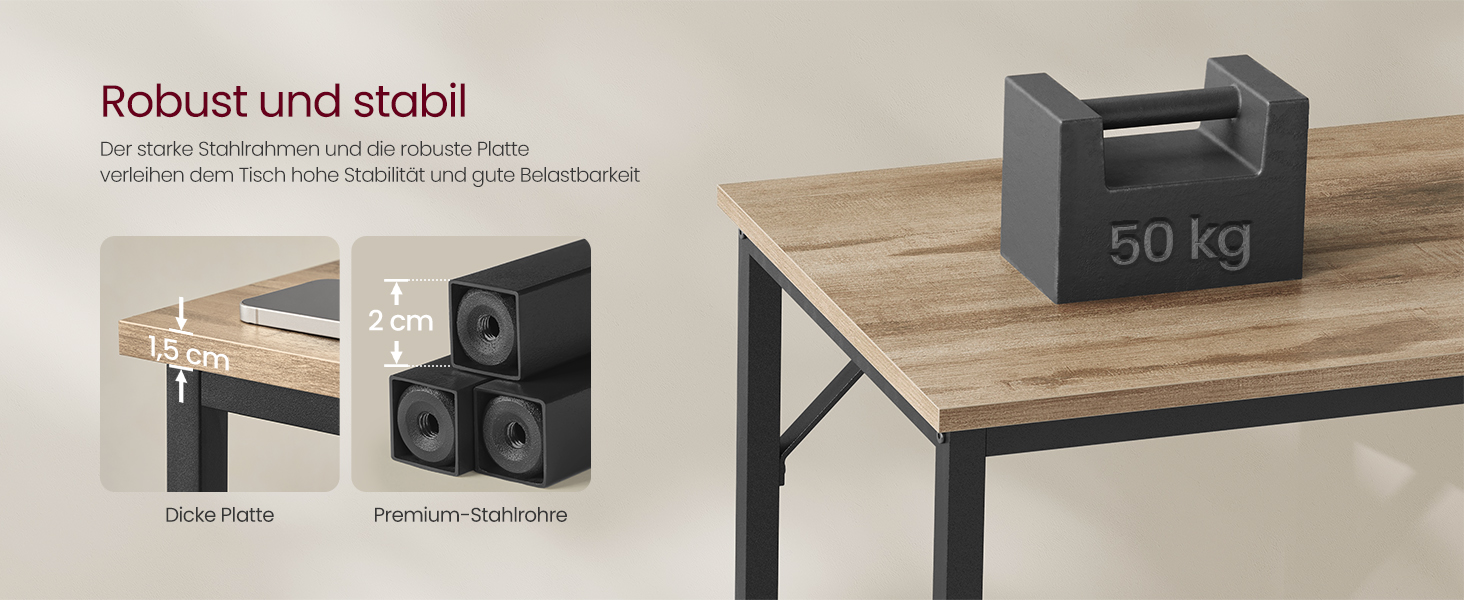 Drevený rám stola alebo stola s kovovými podperami. Obrázok zobrazuje nosnosť 50 kg a zdôrazňuje robustnú konštrukciu.
