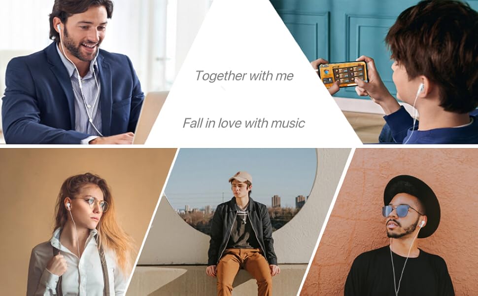 collage of four people wearing headphones and a man wearing a blue jacket