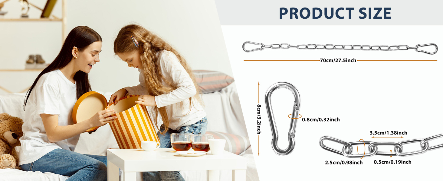 KOMUSMO 2 Pack Hanging Chair Chain with 4 Carabiners, 26in Stainless Steel Heavy Duty, 440LB Capacity, Playground Swing Set Hanging Kits Hardware for Hammock Swing Punching Bags Sandbag Boxing 15 hammock chair hanging kit