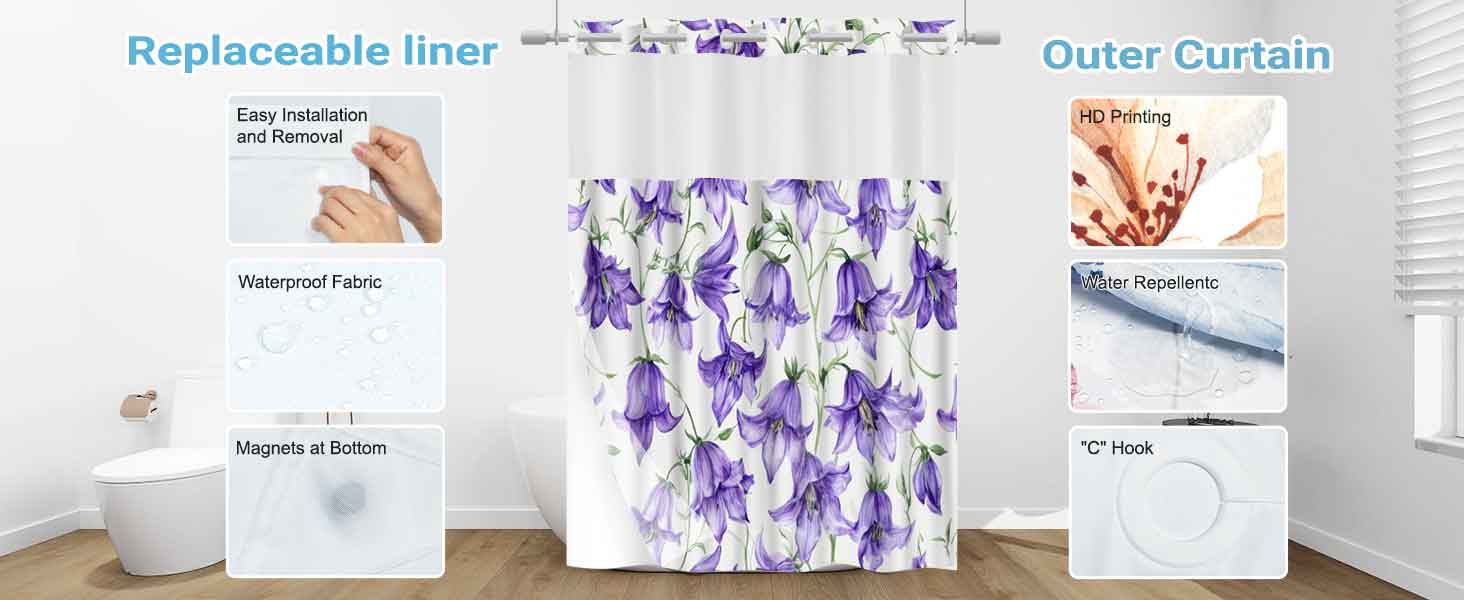 GDMOON No Hook Bellflowers Purple Floral Shower Curtain