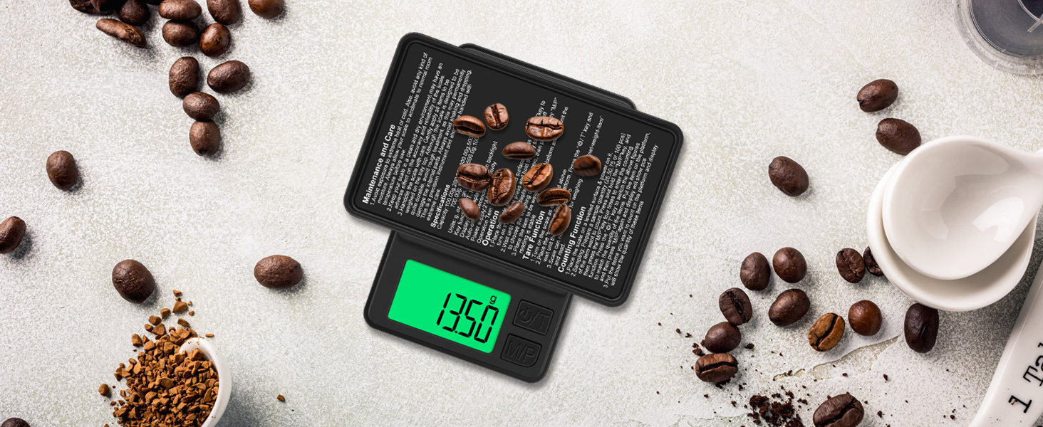 Digital kitchen scale displaying green LED reading of 6:50, surrounded by scattered coffee beans and ground coffee.