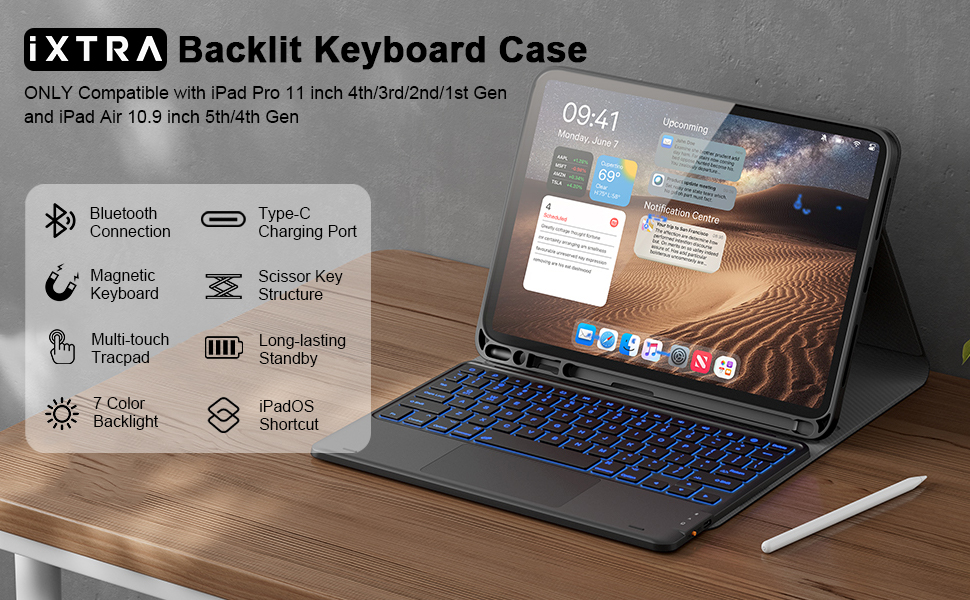 iXTRA iPad Keyboard Case for iPad Air 11 inch M2 2024, iPad Pro 11 Inch