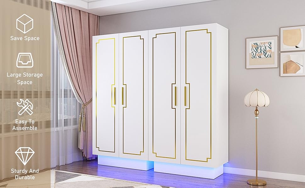 Modern 70in LED 2 Doors Armoires Wardrobe Closet White with Hanging Rod