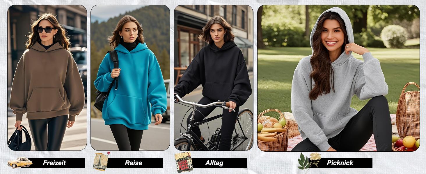 Produktpräsentation mit vier horizontal angeordneten Lifestyle-Fotos, die Oberbekleidung in den Farben Braun, Blaugrün, Schwarz und Grau zeigen.