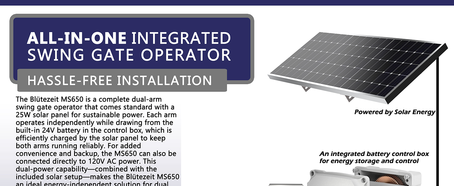 All-in-One Swing Gate Opener Kit with Solar Panel and Built-in Lithium Battery Backup