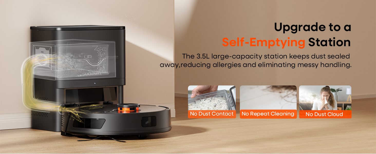 Text reads 'Cleaning Station'. Marketing banner showing a robotic vacuum device with multiple product shots and orange accent elements.