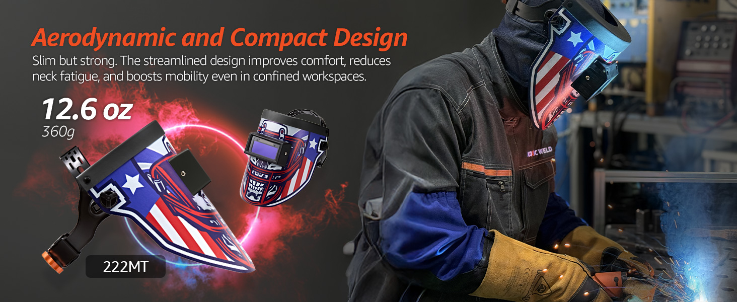 Iconic Weld helmet with aerodynamic, compact design weighing 12.6 oz for comfort and mobility.