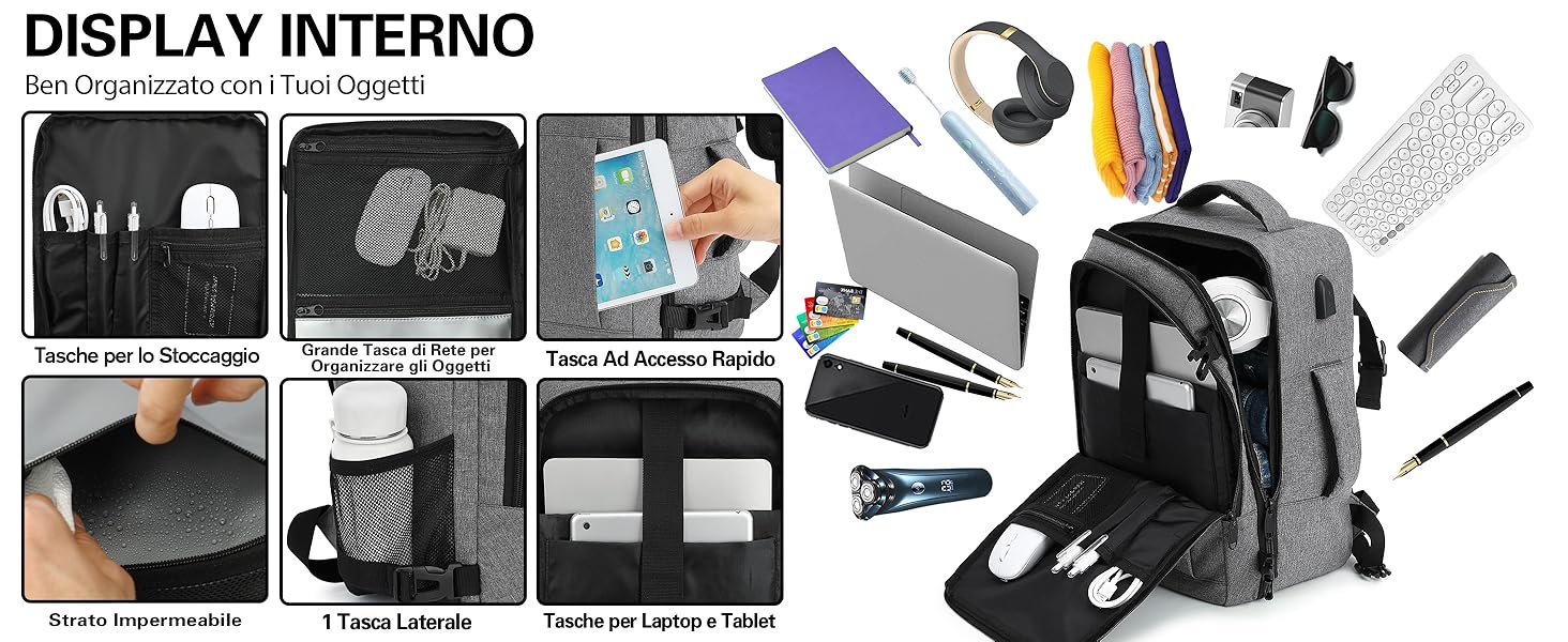 Layout del prodotto che mostra uno zaino nero con più scomparti insieme a vari accessori tra cui cuffie, articoli di cancelleria e gadget tecnologici