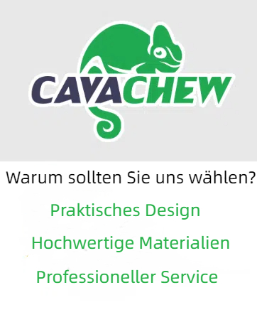 Firmenlogo mit grünem Chamäleon-Symbol mit „CAVACHEW“-Text in Marineblau, gefolgt von drei Servicepunkten in deutschem Text.