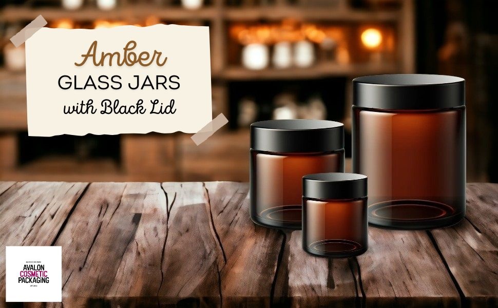 Amber Brown Glass Jars with Airtight Black Lid