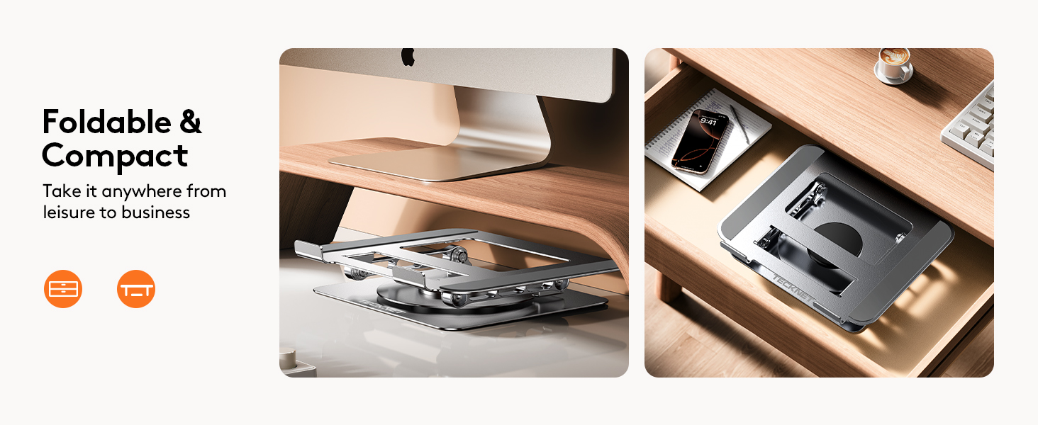 Text reads 'Foldable & Compact'. Product images showing a foldable device or accessory in various positions, demonstrating its compact storage capability.