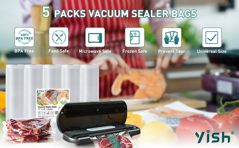 Food Vacuum Sealer Savers Rolls YISH 5 Rolls Food Saver Bags,11"x10