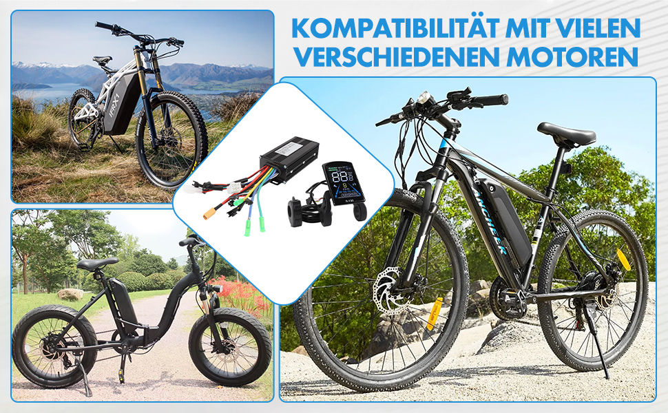 Multi-panel display of electric bikes and motor compatibility diagram, showing various e-bike models and battery connection options.