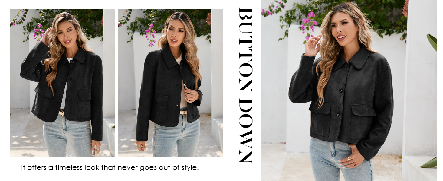 Tankaneo Womens Faux Suede Leather Jackets Casual Cropped Coats Vintage Button Down Shackets