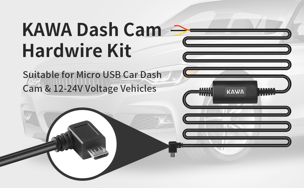 KAWA Dash Cam Hardwire Kit, Micro USB 11ft Hard Wire Kit
