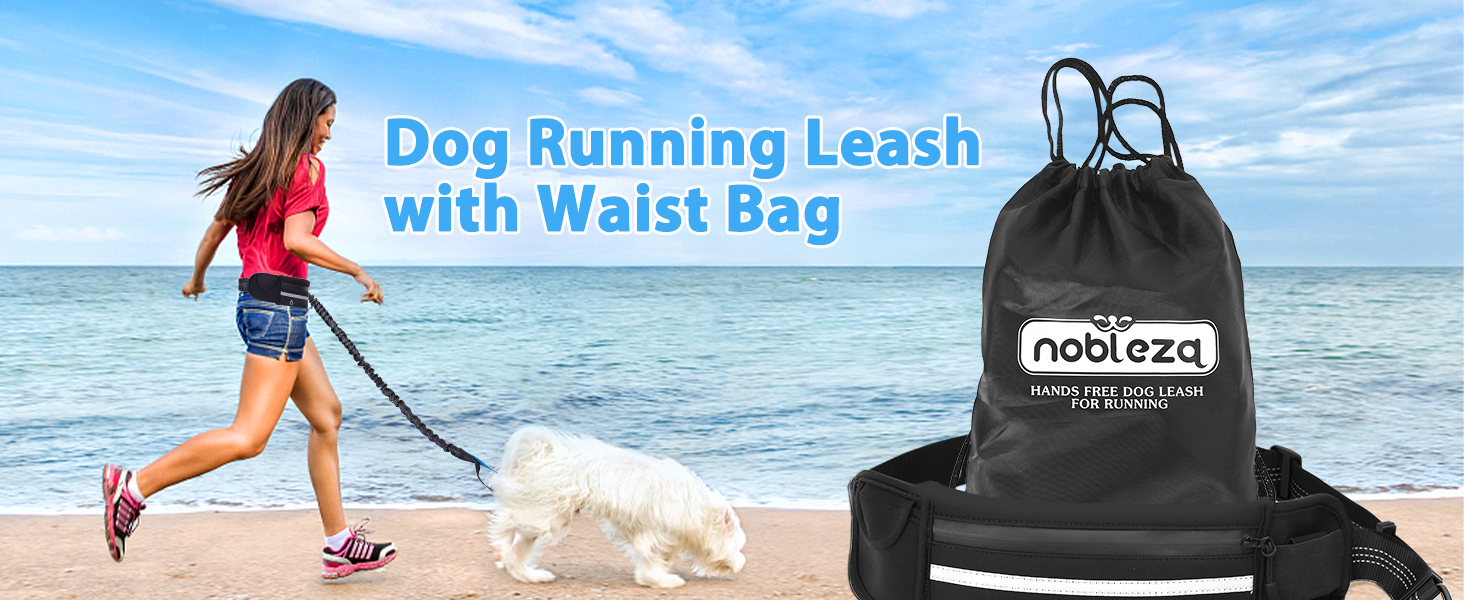 para correr para perros con riñonera. Mujer corriendo con perro en la playa. La bolsa negra con cordón con la etiqueta «nooloo»