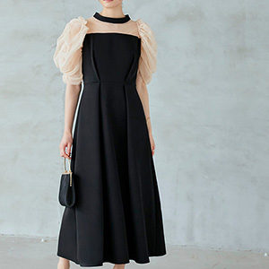 RUIRUE BOUTIQUE シースルーパフスリーブ黒ロングドレス RUIRUE BOUTIQUE シースルーパフスリーブ黒ロングドレス 新着