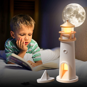 La luz nocturna del proyector de luna del faro acompaña a tu hijo felizmente durante cada noche