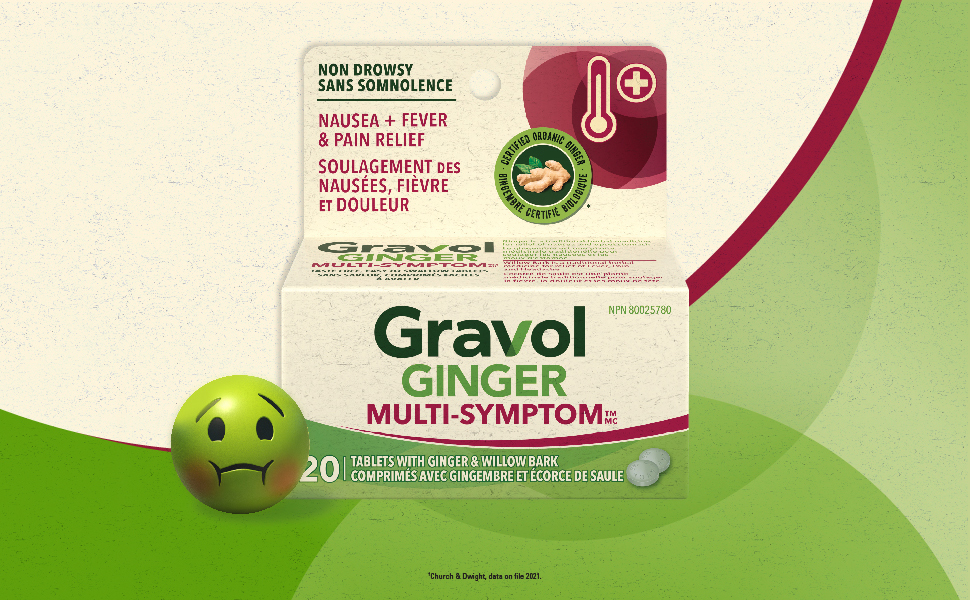 Gravol Ginger MultiSymptom Tablet, Nausea, Fever & Pain Relief, Non