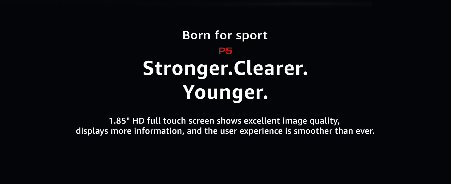 Black text on white background stating 'Born for sport' and 'Stronger.Clearer.Younger.' with additional small text below.